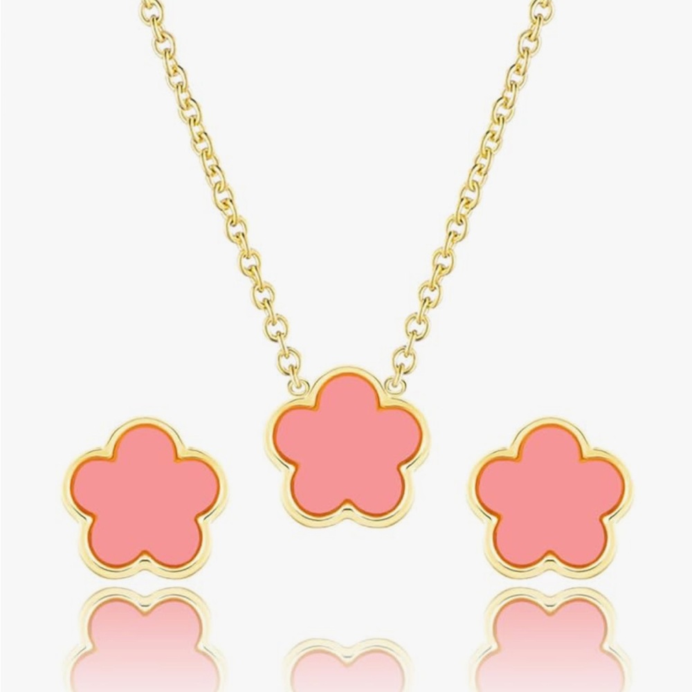 Gold and Pink Flower Lucky Clover Necklace- Earrings Jewelry Set